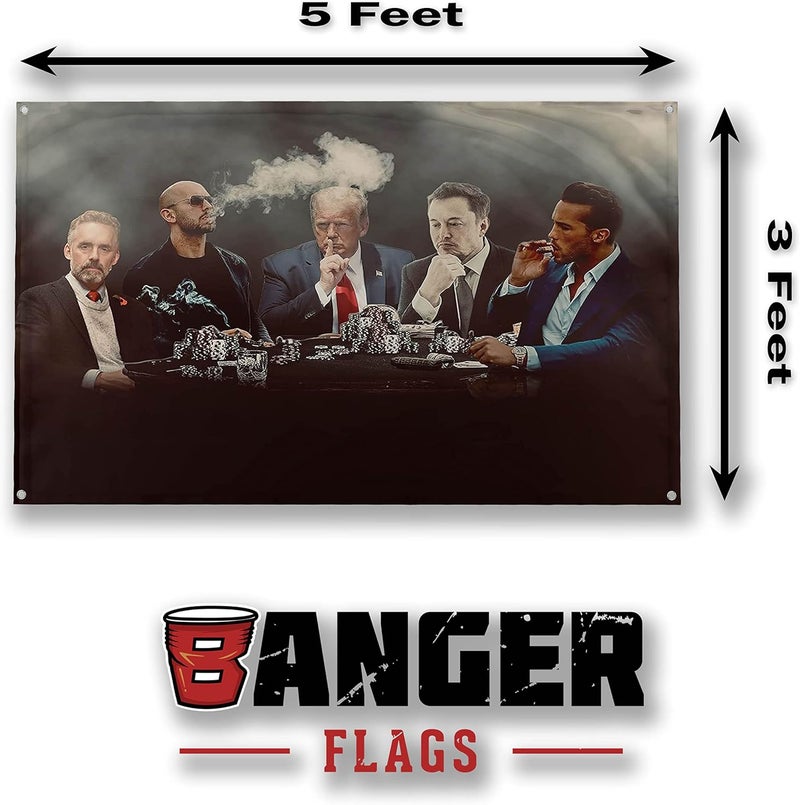 Banger Flags Banger - Top G Matrix Flag with Donald Trump, Elon Musk, Andrew & Tristan Tate and Jordan Peterson Around a Poker Table Motivational Inspirational Office Gym Dorm Wall Decor Design on a 3X5 Feet Flag - Image 2